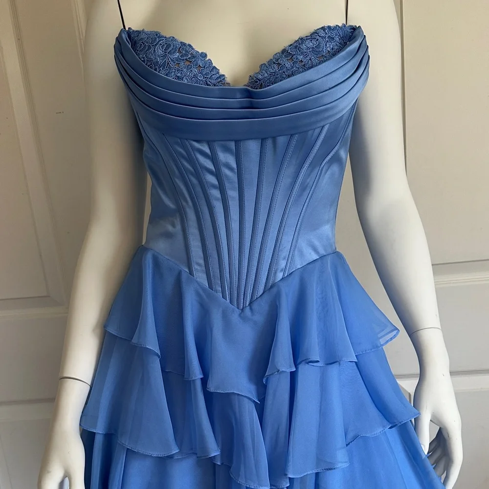 Sherri Hill Blue Ruffled Strapless Evening Gown Prom Dress worn once - Picture 3 of 10
